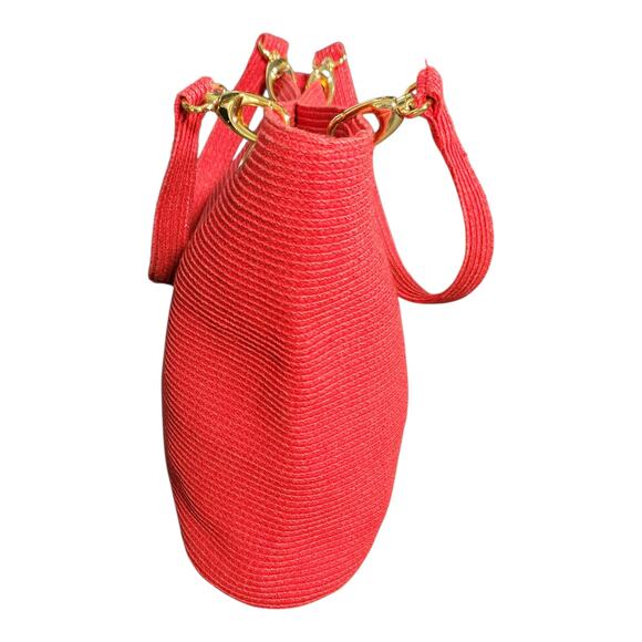 Red Woven Structured Handbag Gold Tone Hardware Top Handle Tote Studded Purse - Picture 5 of 12